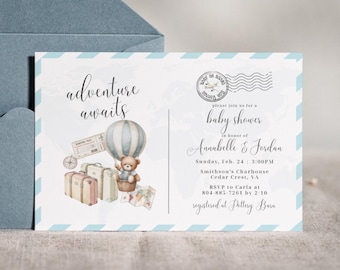 Editable Blue Adventure Awaits Baby Shower Invitation | It's a Boy Postcard Travel Invite Template