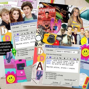 May include: A colourful collage with images of celebrities, a magazine cover, a camera, and a pink mobile phone. The collage includes text boxes with the words "Maddie's Birthday" and "90s/Y2K attire, drinks + snacks".