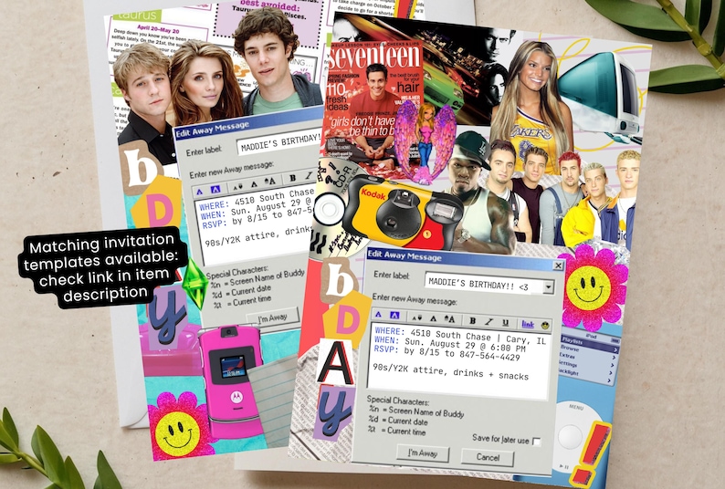 May include: A colourful collage with images of celebrities, a magazine cover, a camera, and a pink mobile phone. The collage includes text boxes with the words "Maddie's Birthday" and "90s/Y2K attire, drinks + snacks".