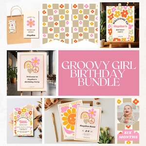 Un lot d'anniversaire Flower Power Groovy Girl : plaque de bienvenue personnalisée, modèle d'invitation, cartes d'étapes mensuelles, étiquettes de cadeaux, bannière