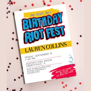 Warped Riot Fest Pop Punk Kid&#39;s Birthday Invitation | Any Age Tour Invite | Adult Elder Emo Checkerboard Scene Kid Festival Canva Template