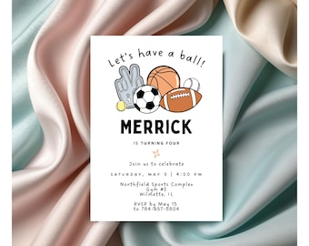 Let's Have A Ball | Printable Sports Themed Birthday Party Invitation | Editable Soccer Baseball Basketball Football Invite | Canva Template