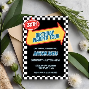 Printable Warped Tour Pop Punk Birthday Invitation, 30th 40th Birthday Elder Emo Birthday Invite, Checkerboard Vans Canva Template