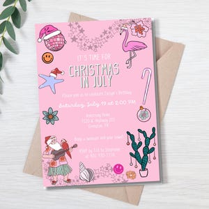 Bearbeitbare rosa Weihnachten im Juli Geburtstagseinladung | Sommer Weihnachten Nikolaus einladen | Tropische Weihnachtslache-Party | Druckbare Instant Download