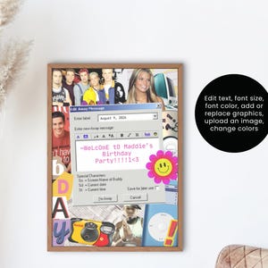May include: A framed collage with a retro aesthetic. It features images of people, a computer window with text, and a pink flower with a smiley face. The text reads "Welcome to Maddie's Birthday Party!!!!1<3".