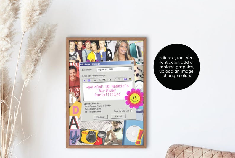 May include: A framed collage with a retro aesthetic. It features images of people, a computer window with text, and a pink flower with a smiley face. The text reads "Welcome to Maddie's Birthday Party!!!!1<3".