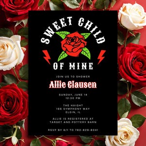 Sweet Child of Mine Flash Tattoo Shower Invitation | American Traditional Style Rose Invite | Editable Rock GNR Themed Invite Template
