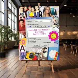 A birthday party welcome sign with a newspaper and notebook background and a collage of images from the 2000s Y2k era including an AIM Away Message, iMac, smiley face sticker, NSYNC, 50 Cent, a disposable camera, Jessica Simpson, Seventeen magazine, gel pens, a mix CD and cut out letters.  The away message text reads 'Welcome to Maddie's bDay' on a downloadable editable poster template in Canva-- two aspect ratios included.
