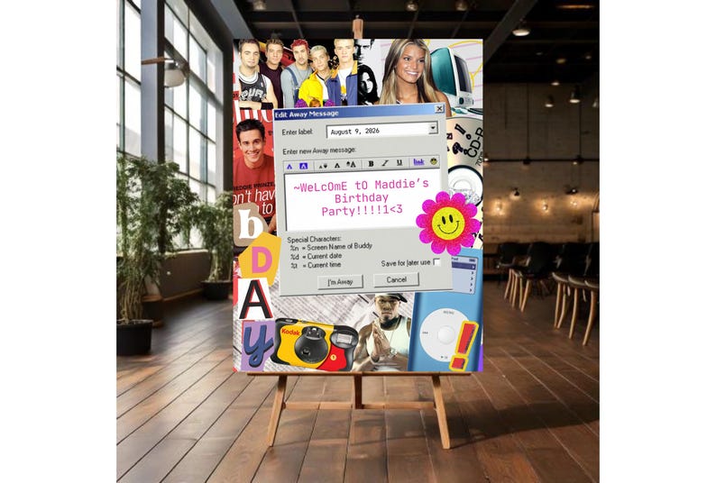 A birthday party welcome sign with a newspaper and notebook background and a collage of images from the 2000s Y2k era including an AIM Away Message, iMac, smiley face sticker, NSYNC, 50 Cent, a disposable camera, Jessica Simpson, Seventeen magazine, gel pens, a mix CD and cut out letters.  The away message text reads 'Welcome to Maddie's bDay' on a downloadable editable poster template in Canva-- two aspect ratios included.