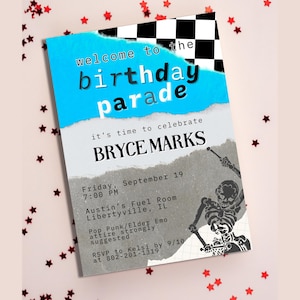 My Chemical Black Parade Birthday Invitation, 30th 40th Warped Elder Emo Themed Birthday Invite,  Pop Punk Checkerboard Scene Kid Template