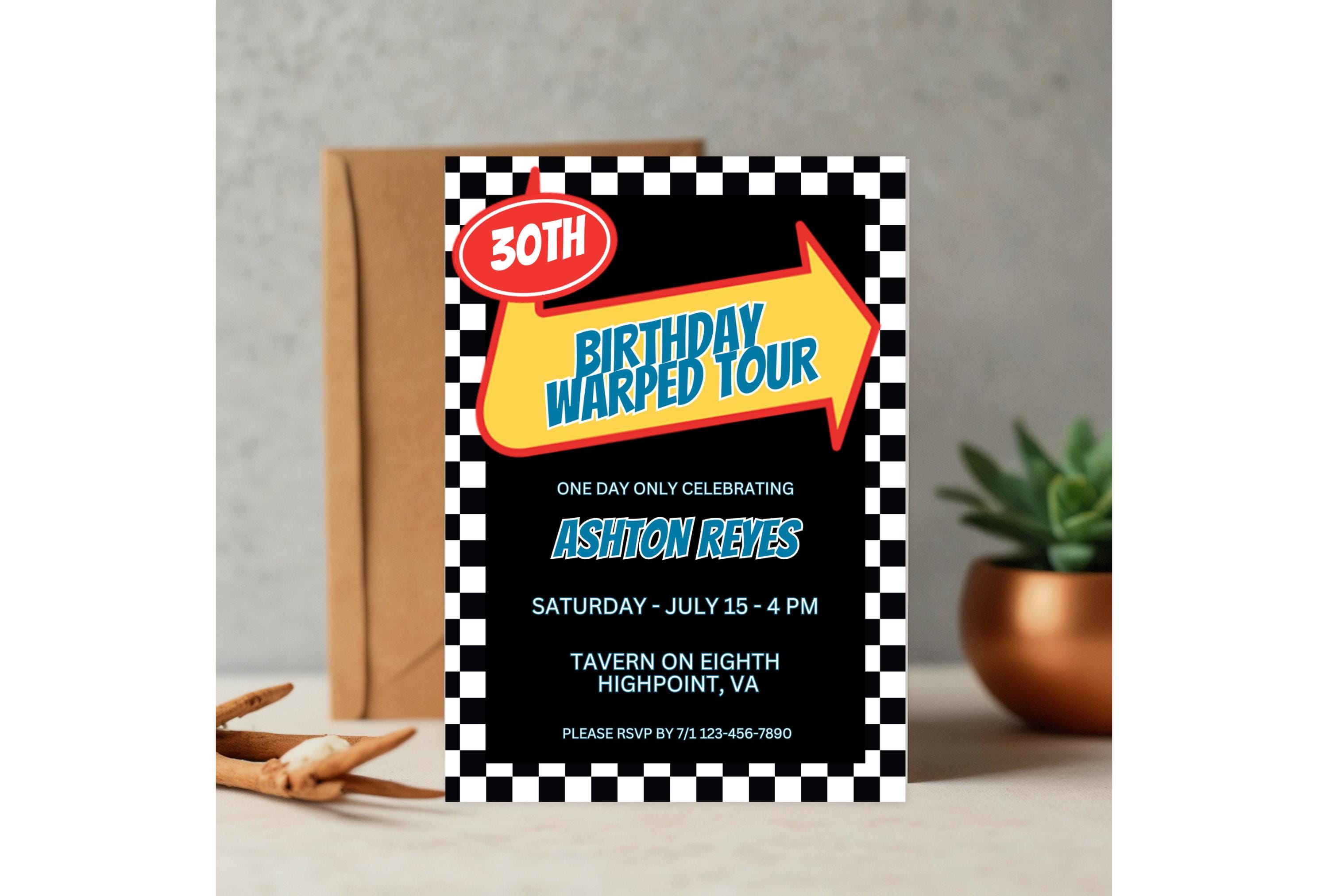 Printable Warped Tour Pop Punk Birthday Invitation, 30th 40th Birthday