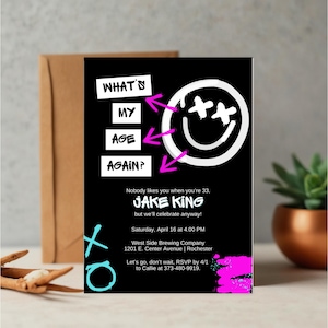 May include: Black and white birthday party invitation with a smiley face graphic and the text "WHAT'S MY AGE AGAIN?"  The invitation is for Jake King's 33rd birthday party at West Side Brewing Company on April 16th at 4:00 PM.