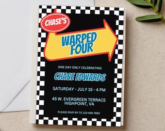 Warped Four Pop Punk Kid's Birthday Invitation | 4th Tour Invite | Future Emo Checkerboard Scene Kid Themed Canva Template