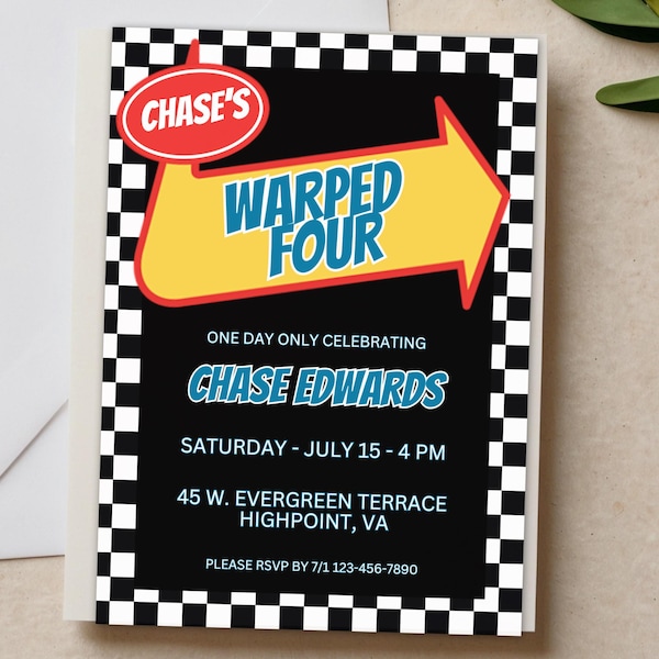 Warped Four Pop Punk Kid's Birthday Invitation | 4th Tour Invite | Future Emo Checkerboard Scene Kid Themed Canva Template