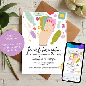Las cartas han hablado / Invitación minimalista a una fiesta de cumpleaños con cartas del tarot místicas, invitación a la lectura de la palma de la mano, plantilla personalizable de Canva para la fortuna