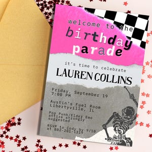 My Chemical Black Parade Birthday Invitation, 30th 40th Warped Elder Emo Themed Birthday Invite,  Pop Punk Checkerboard Scene Kid Template