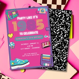 Pink 40th Birthday 80's Costume Party Invitation, Eighties Themed Fortieth Birthday Invite, Party Like It's 1985 Printable Canva Template