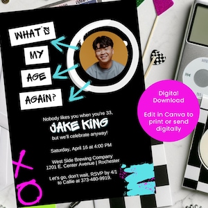 May include: A black and white birthday party invitation with a photo of a person in a circle. The invitation says "What's my age again?" and "Nobody likes you when you're 33, Jake King, but we'll celebrate anyway!" The invitation also includes the date, time, and location of the party.