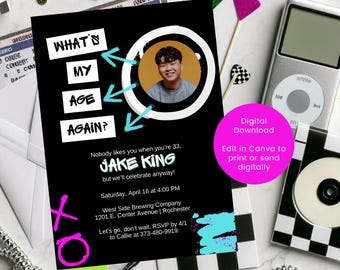 Editable Pop Punk Birthday Invitation, What's My Age Again? 30th 40th Birthday Elder Emo Warped Tour Invite, Checkerboard Canva Template