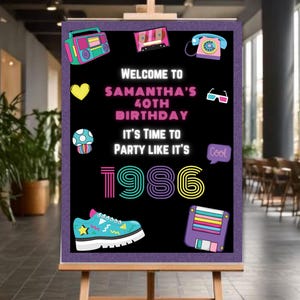 40歳の誕生日80年代風パーティー用カスタムサイン、80年代をテーマにした40歳の誕生日招待状、1985年や1986年のようなパーティーを演出するカスタマイズ可能なCanvaテンプレート