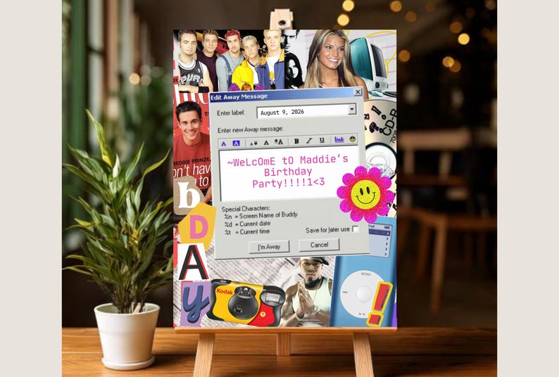 A birthday party welcome sign with a newspaper and notebook background and a collage of images from the 2000s Y2k era including an AIM Away Message, iMac, smiley face sticker, NSYNC, 50 Cent, a disposable camera, Jessica Simpson, Seventeen magazine, gel pens, a mix CD and cut out letters.  The away message text reads 'Welcome to Maddie's bDay' on a downloadable editable poster template in Canva-- two aspect ratios included.