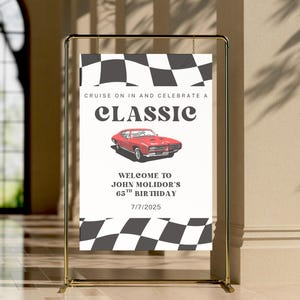 Cartel de bienvenida para fiesta de cumpleaños de muscle cars clásicos / Fiesta temática vintage de hot rods editable / Póster imprimible para noche de crucero para los 50, 60 y 70 años