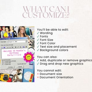 May include: A digital collage with the text "WHAT CAN I CUSTOMIZE?" and a list of editable features. The image includes a retro computer interface, photos, and a pink flower graphic. The text lists options for editing wording, fonts, and colours.