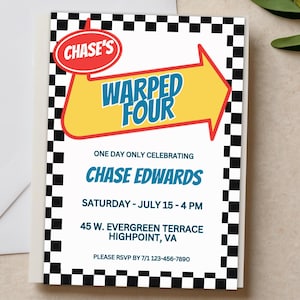 Warped Four Pop Punk Kid&#39;s Birthday Invitation | 4th Tour Invite | Checkerboard Canva Template | Elder Emo Scene Kid
