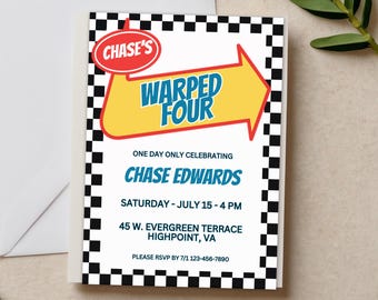 Warped Four Pop Punk Kid's Birthday Invitation | 4th Tour Invite | Checkerboard Canva Template | Elder Emo Scene Kid