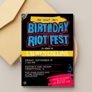 Warped Riot Fest Pop Punk Kid&#39;s Birthday Invitation | Any Age Tour Invite | Adult Elder Emo Checkerboard Scene Kid Festival Canva Template