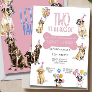 Two Let the Dogs Out | Printable Pink Puppy Birthday Party Invitation for Kids, Editable Paw-ty Invite, Customizable Canva Template