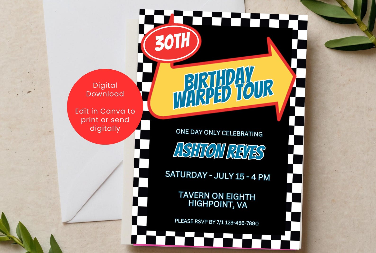 Printable Warped Tour Pop Punk Birthday Invitation, 30th 40th Birthday