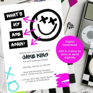 May include: A black and white birthday party invitation with a smiley face with an X over each eye. The text reads "What's My Age Again?" and "Nobody likes you when you're 33, Jake King, but we'll celebrate anyway!" The invitation includes the date, time, and location of the party. It also includes a note to RSVP by a certain date. The invitation is decorated with pink and blue paint splatters.