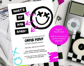 May include: A black and white birthday party invitation with a smiley face with an X over each eye. The text reads "What's My Age Again?" and "Nobody likes you when you're 33, Jake King, but we'll celebrate anyway!" The invitation includes the date, time, and location of the party. It also includes a note to RSVP by a certain date. The invitation is decorated with pink and blue paint splatters.