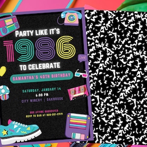 40th Birthday 80's Costume Party Invitation, Eighties Themed Fortieth Birthday Invite, Party Like It's 1986 Printable Canva Template