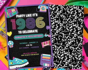 40th Birthday 80's Costume Party Invitation, Eighties Themed Fortieth Birthday Invite, Party Like It's 1986 Printable Canva Template