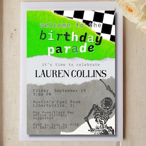 My Chemical Black Parade Birthday Invitation, 30th 40th Warped Elder Emo Themed Birthday Invite,  Pop Punk Checkerboard Scene Kid Template