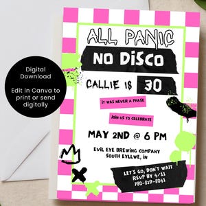 Pop Punk Hot Pink Editable Checkerboard Birthday Invitation, 30th 40th Birthday Warped Elder Emo Themed Birthday Invite, All Panic No Disco