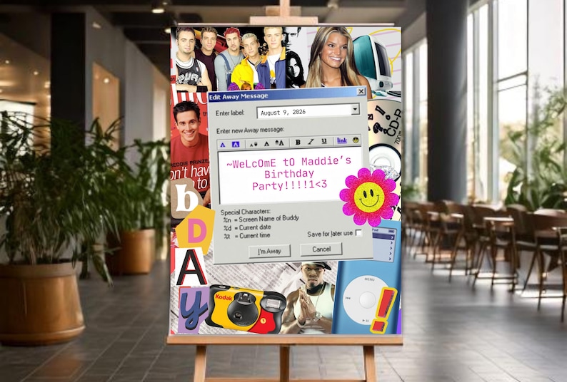 A birthday party welcome sign with a newspaper and notebook background and a collage of images from the 2000s Y2k era including an AIM Away Message, iMac, smiley face sticker, NSYNC, 50 Cent, a disposable camera, Jessica Simpson, Seventeen magazine, gel pens, a mix CD and cut out letters.  The away message text reads 'Welcome to Maddie's bDay' on a downloadable editable poster template in Canva-- two aspect ratios included.