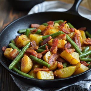 Peut inclure: Gros plan sur une poêle remplie d'un mélange de haricots verts, de pommes de terre et de bacon croustillant. Les ingrédients sont cuits et assaisonnés, créant un plat savoureux et parfumé.