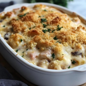 May include: A white casserole dish filled with a creamy, cheesy dish topped with a golden brown breadcrumb crust. The dish is garnished with fresh parsley.