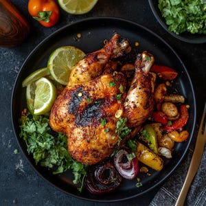 以下が含まれることがあります： カリカリの皮のローストチキンは、赤と黄色のピーマン、玉ねぎ、ライムのくさび形にカットされたものと一緒に黒いお皿に盛り付けられています。チキンはハーブとスパイスで味付けされています。