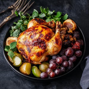 以下が含まれることがあります： 金色に焼けた皮のローストチキンが、黒いお皿にぶどう、イチジク、その他のロースト野菜と一緒に盛り付けられています