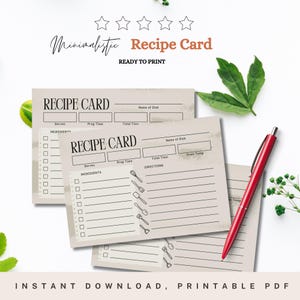 Cartão de receita com design minimalista, conjunto de cartões de culinária, receitas de conserva, presente de cozinha, organizador de chef, presente culinário, download instantâneo.