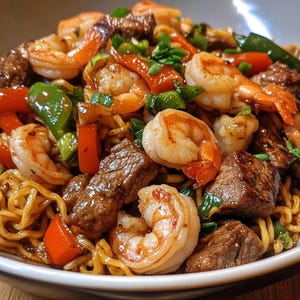 May include: A bowl of noodles with shrimp, beef, and vegetables. The noodles are yellow and the shrimp are pink. The beef is brown and the vegetables are green and red.
