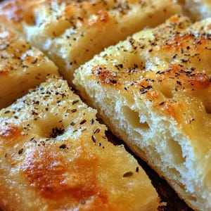 Puede incluir: Primer plano de un pan focaccia recién horneado, cortado en cuadrados. El pan es de color marrón dorado y tiene una corteza crujiente. Está cubierto con hierbas y especias.