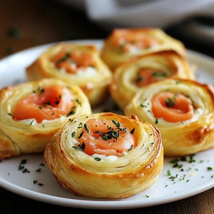 Puede incluir: Un plato de aperitivos de hojaldre rellenos de queso crema y salmón ahumado, cubiertos con hierbas frescas.