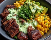 Steak, Avocado & Roasted Corn Bowl Recipe | Healthy Dinner Printable | Cilantro Cream Bowl | High Protein Clean Eating Recipe PDF