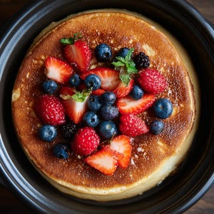 Peut inclure: Une pile de crêpes dorées garnies de fraises fraîches, de myrtilles, de framboises, de mûres et de feuilles de menthe. Les crêpes sont servies dans un bol rond et foncé, pour un petit-déjeuner ou un dessert.