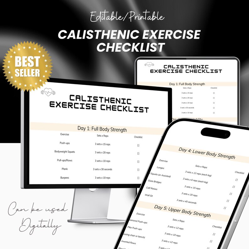 Calisthenics Workout Checklist | Printable Bodyweight Exercise Guide | Fitness Routine Planner ...